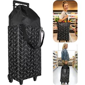 Rolling Shopping Bag, Small Shopping Cart with Wheels,Collapsible Portable Waterproof Tote for Market & Grocery RunsGift for Women & Seniors(Black&Expandable Bag)