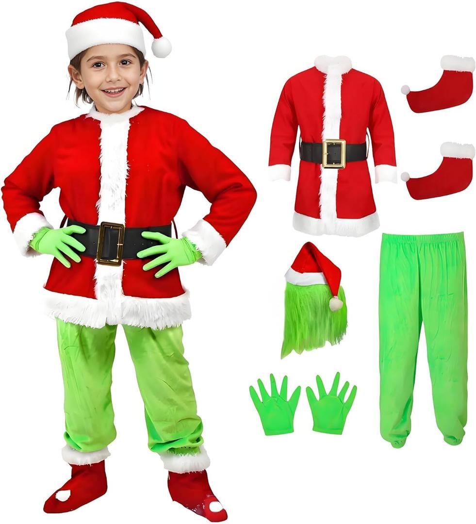 6PCS Kids Green Monster Costume Santa Claus Outfit for Boys Girls Christmas Cosplay Party Accessory Suits (Small)