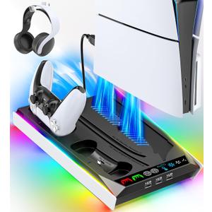 PS5/Slim/Pro Stand for Disc & Digital Console, PS5 Cooling & Charging Station with RGB Lights, PS5 Controller Charger Built-in 3 Level & AUTO Adjustable Fan, PS5/Slim/Pro Accessories for PS 4 Cases