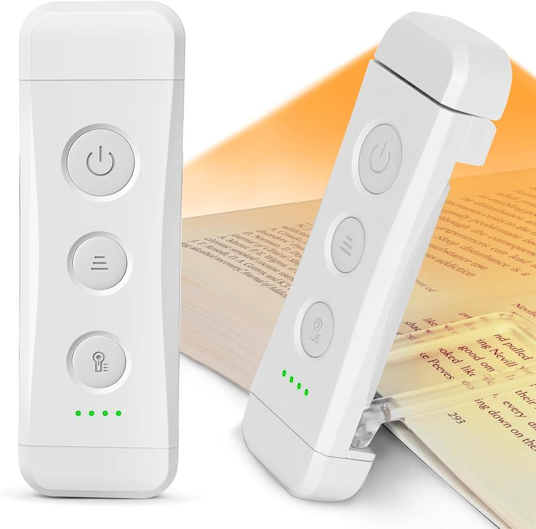 Glocusent USB Rechargeable Book Light for Reading in Bed, Portable Clip-on LED Reading Light, 3 Amber Colors & 5 Brightness Dimmable, Compact & Long Lasting, Perfect for Book Lovers (White-Pro Max)