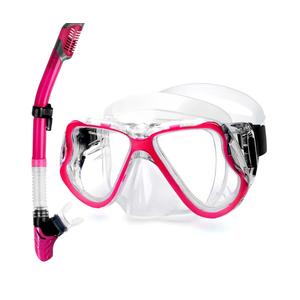 Greatever Dry Snorkel Set,Panoramic Wide View,Anti-Fog Scuba Diving Mask,Professional Snorkeling Gear for Adults, Pink