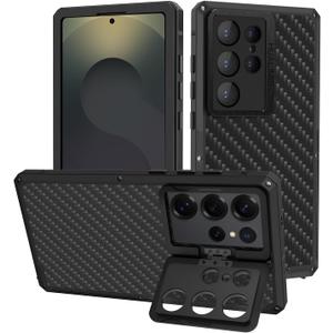 Luxury Carbon Fiber Aluminum Case for Samsung Galaxy S25 Ultra, Heavy Duty Rugged Military Protective Phone Cover with Camera Lens Protector Stand, Black