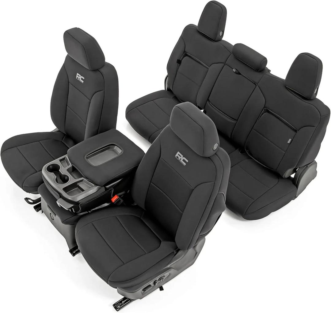 Rough Country Neoprene Seat Covers for Chevy Silverado & GMC Sierra 1500 (2019-2026) w/Rear Seat Storage & Cup Holder - Waterproof & UV Resistant, Foam Padded, Front & Rear Row Cover Set