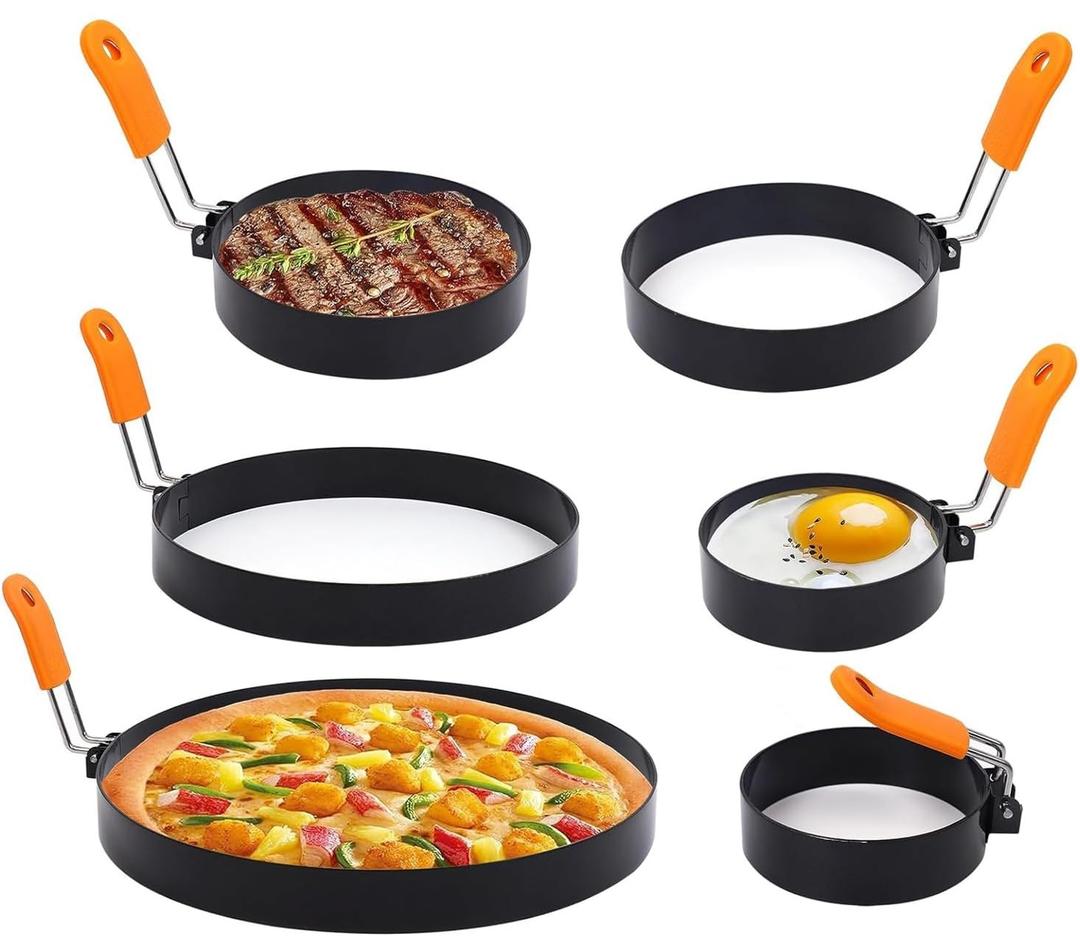 6 Pcs Professional Egg Ring Set, Non-stick Griddle Omelette Ring, Pancake Molds with Oil Brush,Stainless Fried Egg Molds with Orange Anti-scald Silicone Handle