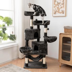 57 in Cat Tree Tower for Indoor Cats Adult, Tall Large Modern Cat Condo House with Scratching Posts, Caves, Perches, Hammock, Baskets and Hanging Pompoms, Black