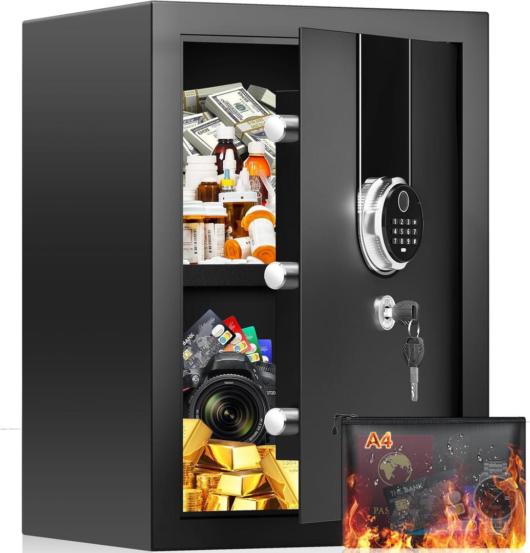 3.0 Cuft Large Biometric Safe Box, Personal Safes for Home Use Fire and Water Proof with Fingerprint Lock, Fireproof Safe with Fireproof Waterproof Bag, Security Safety Box for Home Office