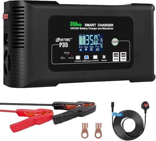 iSunergy Battery Charger, Smart 0-35A 12V/24V Trickle Charger, Portable Car Battery Charger with 9 Stages of Charging for LiFePO4, Lead-Acid, and Lithium Batteries, with Battery Repair Function