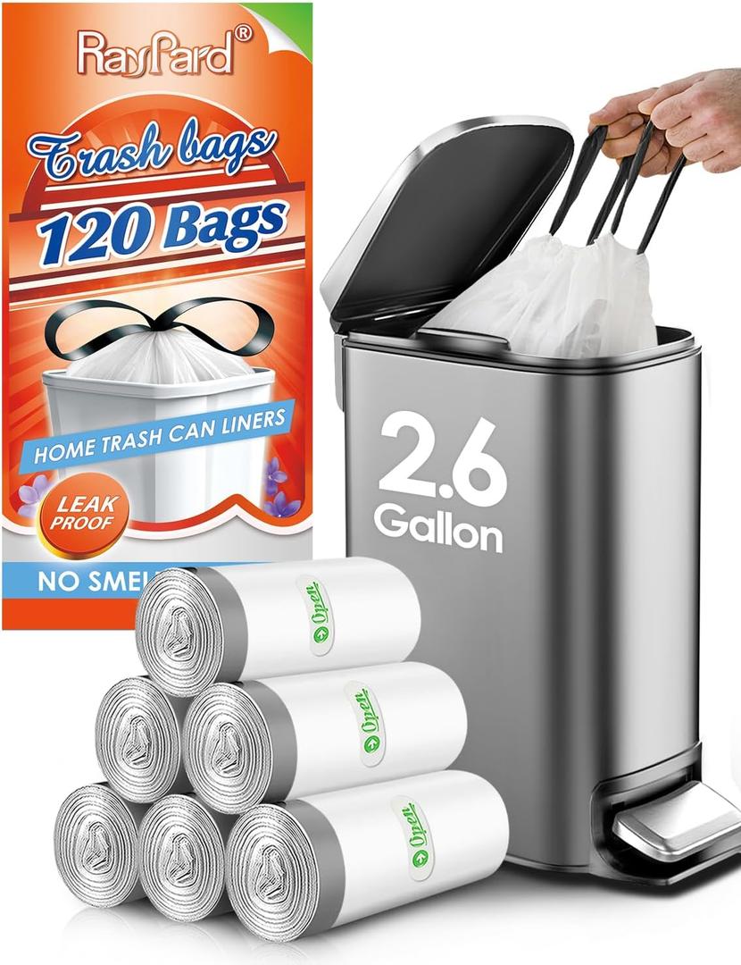 120 Counts 2.6 Gallon Small Drawstring Trash Bags Garbage Bags by RayPard, Small Strong Plastic Bags fit 7.5-10 Liter Trash Can for Home Office Kitchen Bathroom Bedroom, White Waste Basket Liners