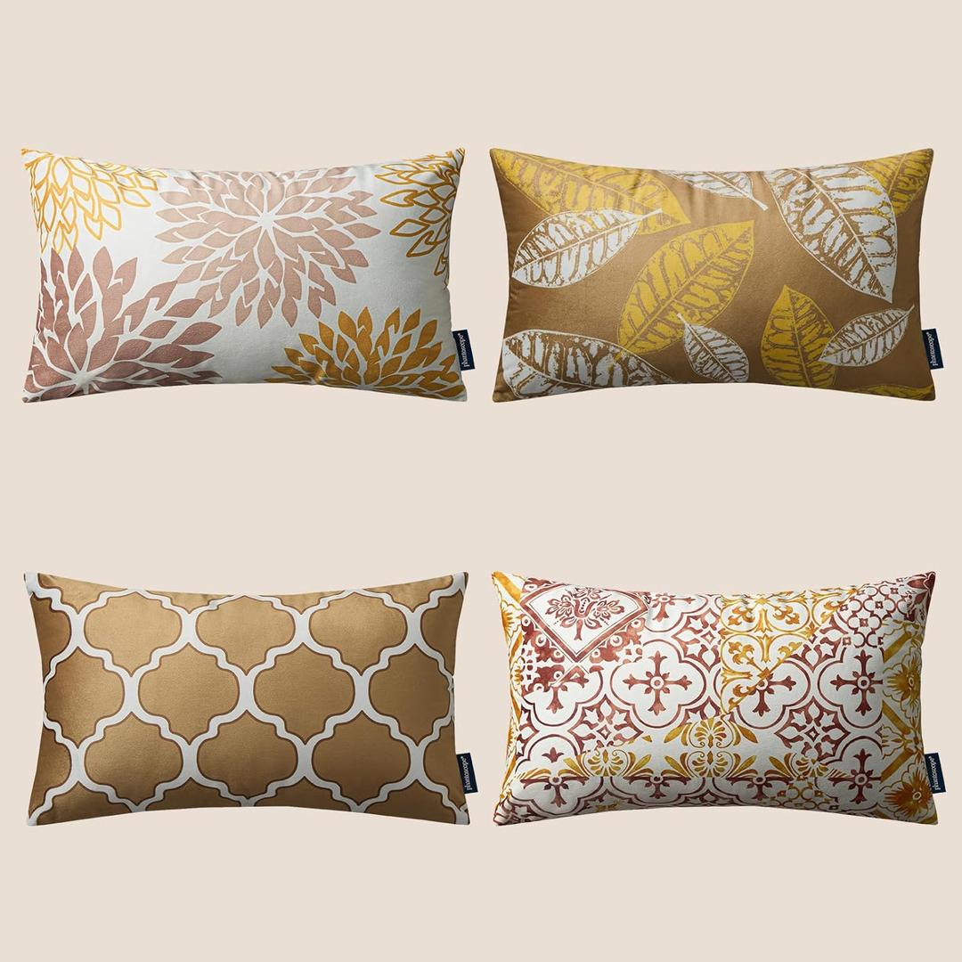 Phantoscope Set of 4 New Living Series Leaf Geometric Throw Decorative Velvet Pillow Cover Cushion Cover, Beige Gold 12 x 20 inches 30 x 50 cm