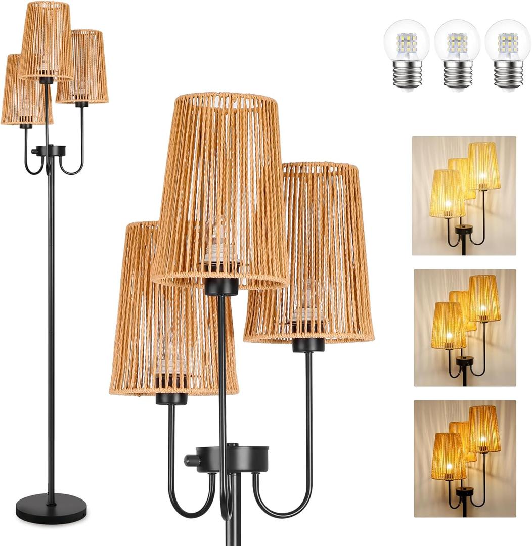 Boho Floor Lamp, Dimmable Farmhouse Floor Lamp with 3 Elegant Rattan Cage Shade and 7W LED Bulbs, 65" Rustic Tree Tall Lamp Black Standing Lamps for Living Room Bedroom,Office,Corner
