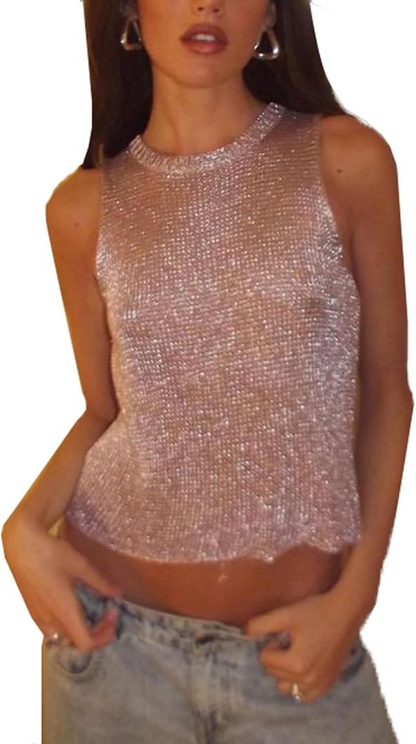 Womens Sexy Knitted Glitter Crop Tank Top Sheer Mesh Crew Neck Sleeveless Cropped Shirt Blouse (Medium, Pink)