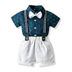 Volunboy Toddler Summer Formal Set Baby Boy Short Suspenders Outfit Kid Gentleman Short Sleeve Bowtie Suits with White Shorts 2-3T (StarDarkBlue, 2-3T)