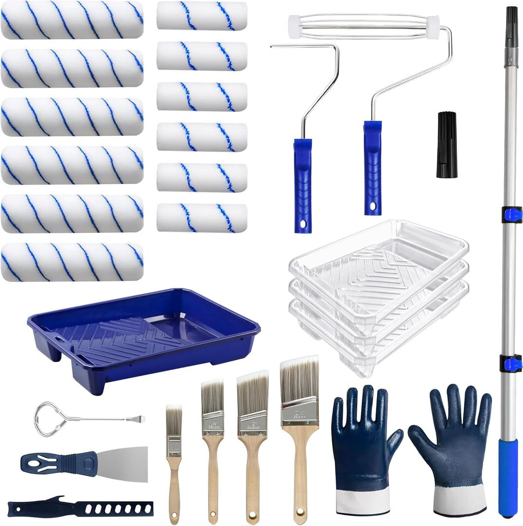 28 PCS Paint Roller Kit with Extension Pole, 4"and 9" Paint Roller, Including Gloves, Paint Tray, Flat Paint Brush, Scraper, etc., for Professional House Painting & Oil Paints