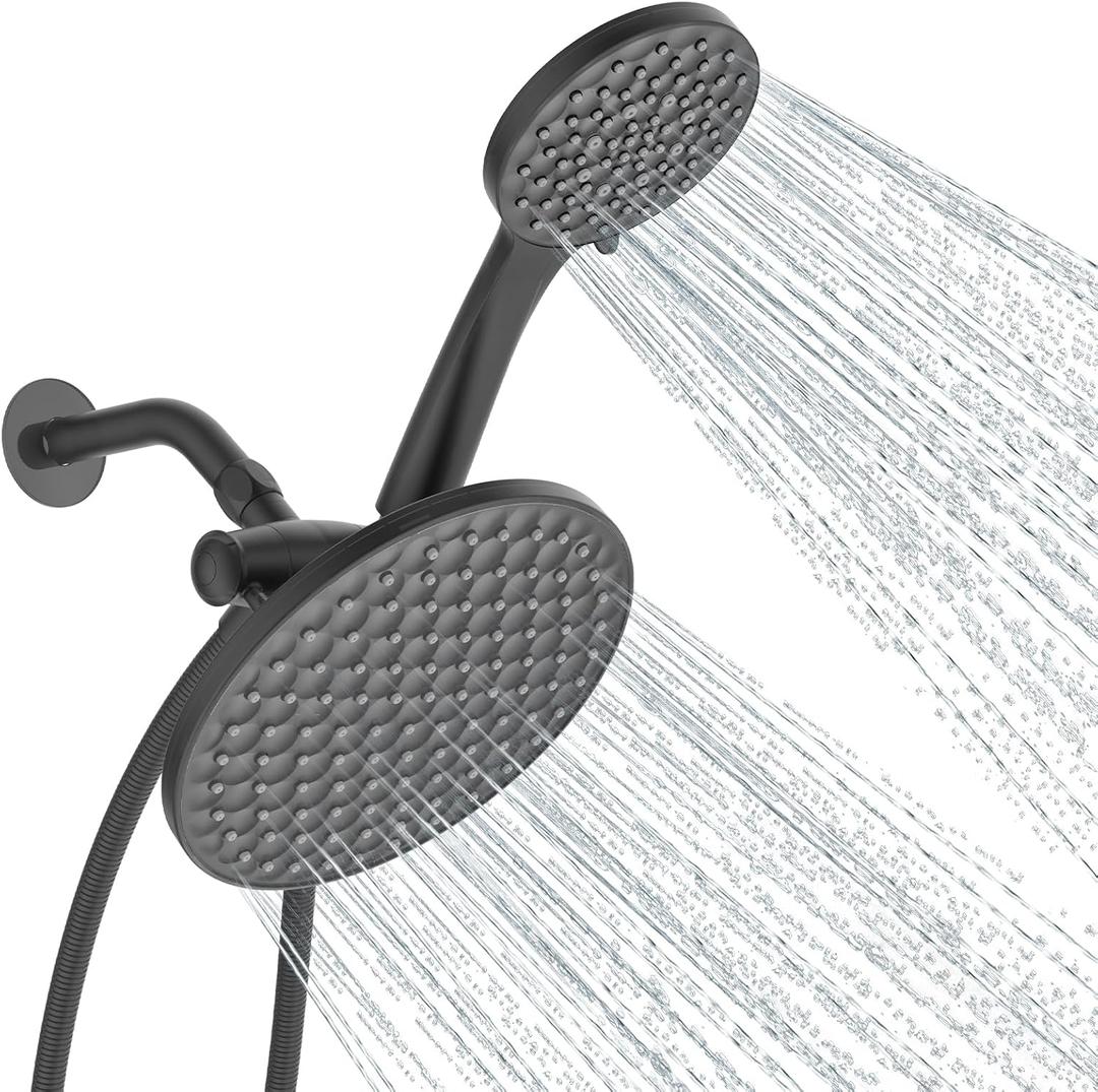 dual shower head with handheld combo,8.6 inch Rainfall showerhead,6 settings hand held shower heads with hose (Matte Black)