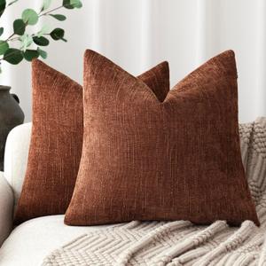 Foindtower Pack of 2 Soft Textured Chenille Throw Decorative Pillow Covers Square Accent Solid Cushion Cover Cozy Neutral Farmhouse Pillow Case for Couch Sofa Bedroom Living Room 18x18 Inch,Red Taupe (Coconut Shell)