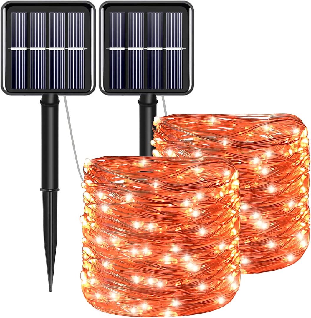 Fall Outdoor Decorations, Orange Solar String Lights Outdoor, 2Pack Total 200 LED Fairy Fall Lights Thanksgiving Halloween Decor, 8 Modes Waterproof for Porch, Garden, Patio, Fence, Balcony