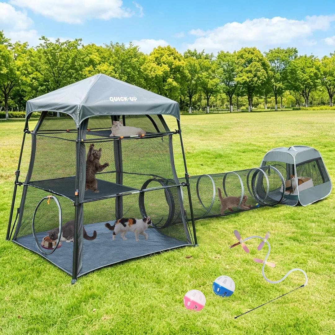 3 in 1 Portable Cat Enclosures with Tunnel & Cat House, Quick Setup Foldable Indoor Outdoor Cat Play Tent for Pet Families, Upgraded Stable Frame, Extra Large Space, Storage Bag + Cat Wand & Balls