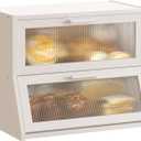 GHWIE Double Layer Bamboo Bread Box for Kitchen Counter,Large Capacity Bread Storage Bin,Bread Container with Acrylic Wavy Door Panel (White, Medium)