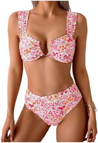 SOLY HUX Women's Floral Print Swimsuit V Wire High Waisted Bikini Set Two Piece Bathing Suit M