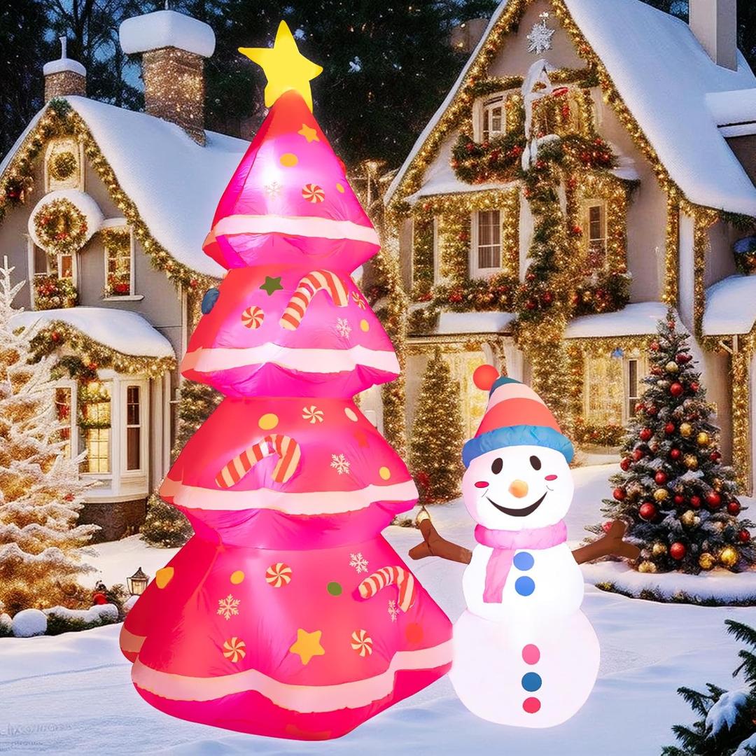 7FT Christmas Inflatables Cute Inflatable Christmas Tree with Snowman Christmas Decorations Outdoor Christmas Blow Up for Yard, Outside, Built-in LED Lights with Tether