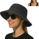 Sun Bucket Hats for Women UV Protection, Summer Beach Hat | Waterproof Quick Dry Rain Hat, Packable Sunhat, Ponytail Hole, Wide Brim, Adjustable, Chin Strap, Fishing, Hiking, Gardening (Black)