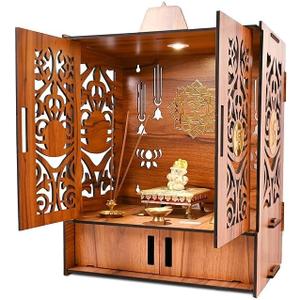 Wooden Temple Mandir for Home with Door Cabinets | Beautiful Pooja Unit with Storage Space | with LED Light and Wall Mounts | Elegant Pooja Mandir for Home Big Size(H-17.3, L-11, B-10.6 inch)