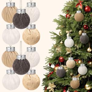 Norme 10 Pcs Crochet Christmas Ball Ornaments Knitted Neutral Christmas Ornament 3.15" Boho Farmhouse Plush Fur Cable Hanging Ornament Ball for Xmas Tree Crochet Decor Wreath Mantel Garland Decor