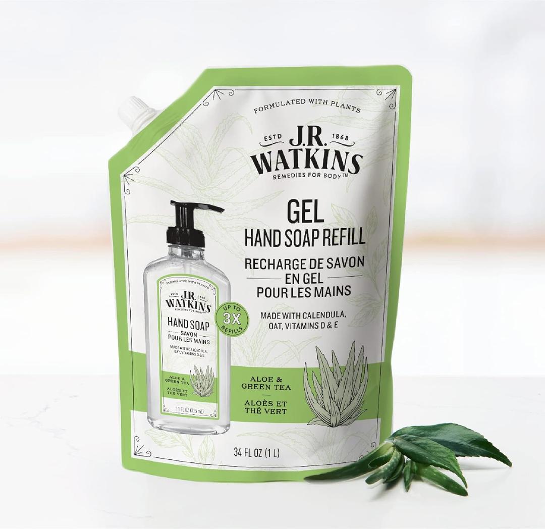 J.R. Watkins Gel Hand Soap Refill, Moisturizing Hand Wash, All Natural, Alcohol-Free, Cruelty-Free, USA Made, Aloe Green Tea, 34 Fl Oz, 2 Pack