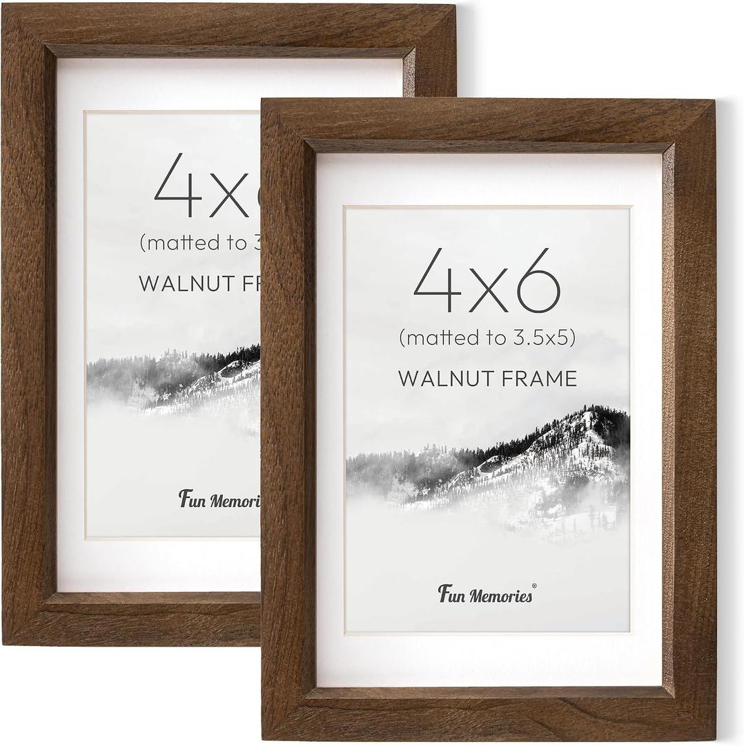 Fun Memories 4x6 Picture Frame Set of 2, Natural Solid Walnut Wood Photo Frame with HD Tempered Glass, Modern Simple 4x6 Wooden Frame Matted to 3.5x5, Wall or Tabletop Display, 4x6 - 2P