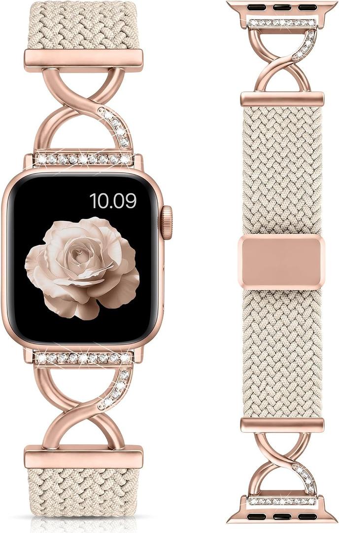 Wearlizer X-Shape Braided Magnetic Band Compatible with Apple Watch Bands | Dressy Bling Metal Stretchy Elastic Strap for iWatch Series 11 10 9 8 7 6 5 4 SE/Ultra 3 2 1/ 40/41/42/38/44/45/46/49mm Women
