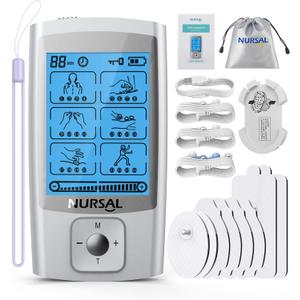 NURSAL 24 Modes TENS Unit Muscle Stimulator with Continuous Stimulation, Rechargeable Electronic Pulse Massager with 8 Pads for Back and Shoulder Pain Relief and Muscle Strength (Silver)
