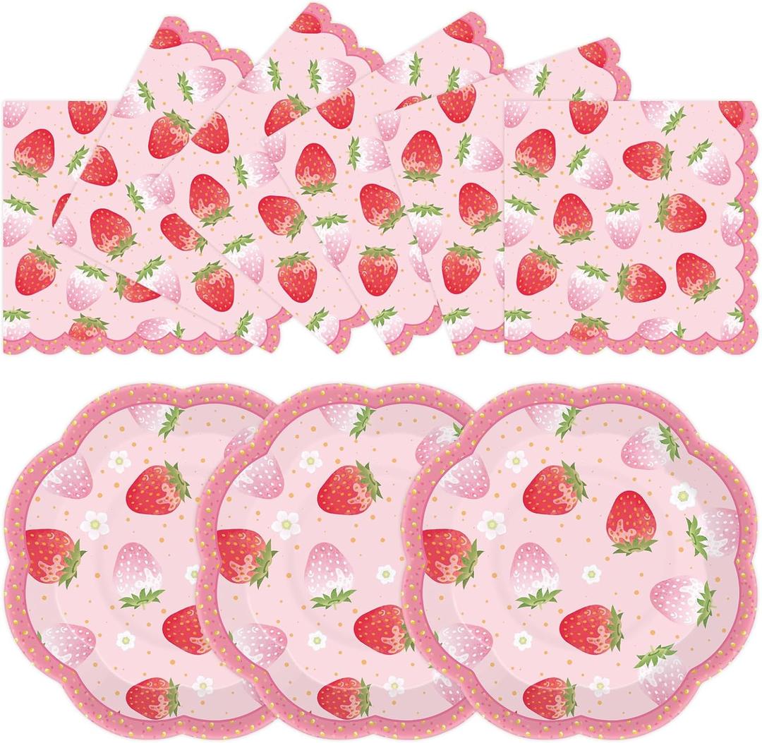 50pcs Strawberry Paper Plates and Napkins Party Decorations, 7 inch Disposable Berry Birthday Dessert Plates and Napkins Fruit Themed Tableware Set Supplies for Summer Sweet One Baby Shower Berry 1st