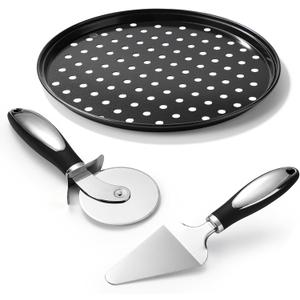 Round Pizza Pans with Holes, 10 Inch Stainless Steel Pizza Pans for Oven, 2PCS Pizza Wheel Cutter and Pie Server, Pizza Oven Accessories