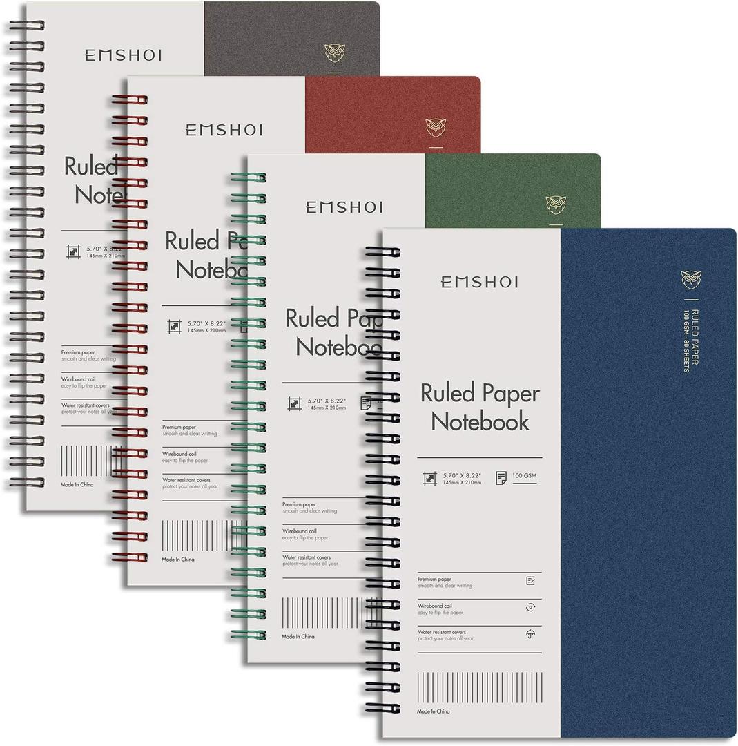 EMSHOI Lined Journal Spiral Notebook 5.7" x 8.22" - 4 Pack 640 Pages 100gsm Thick Paper, A5 Small Notebooks College Ruled, Plastic Hardcover Journals for Writing Women Men Work School Supplies (Brownredgreenblue)