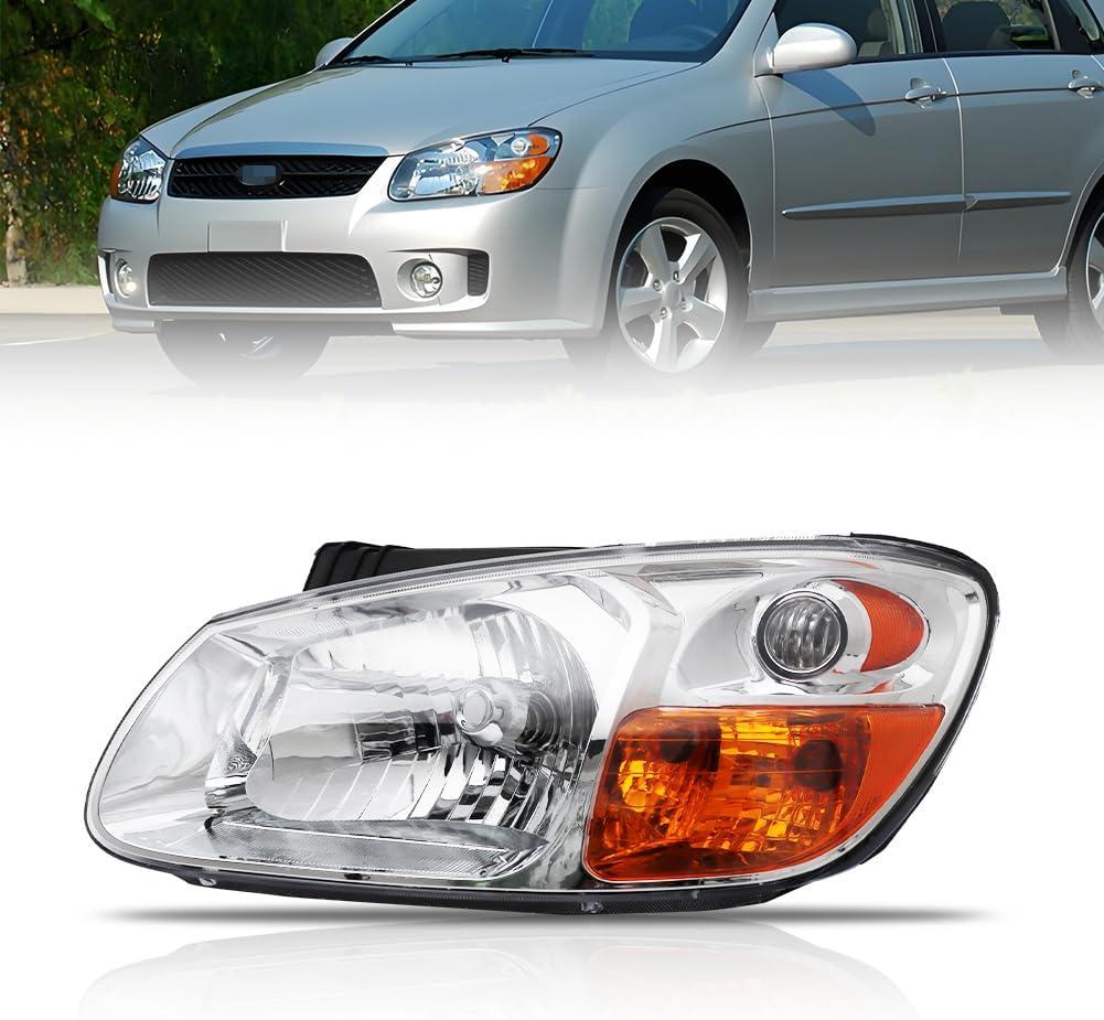 Left Headlight for 2007 2008 2009 Ki-a Spectra, Driver Side Halogen Headlamp with Bulbs Clear Lens Black Housing Amber Reflector, 1 PC, Replace# 921012F530