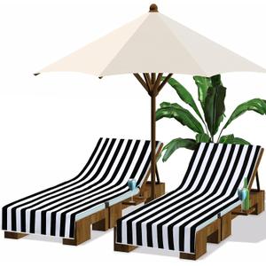 Fumete 2 Pack Lounge Chair Covers 30 x 85 Inch Pool Chaise Lounge Towels Microfiber Beach Chair Towel Portable Striped Outdoor Patio Furniture Cover for Sunbathing Picnic Spa(Black)