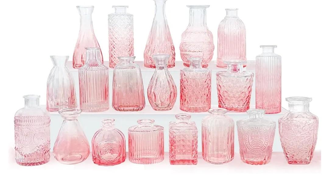 Pink Glass Bud Vases Set of 20 - Mini Vintage Vases for Wedding Decorations Home Table Flower Decor, Small Carved Design Glass for Centerpieces