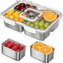 Snackle Box Container, Stainless Steel Snack Tray with Lid and Handle, 4-Compartment Divided Serving Tray for Fruit Veggie Candy, Large Snack Platter for Travel Party Beach Picnic