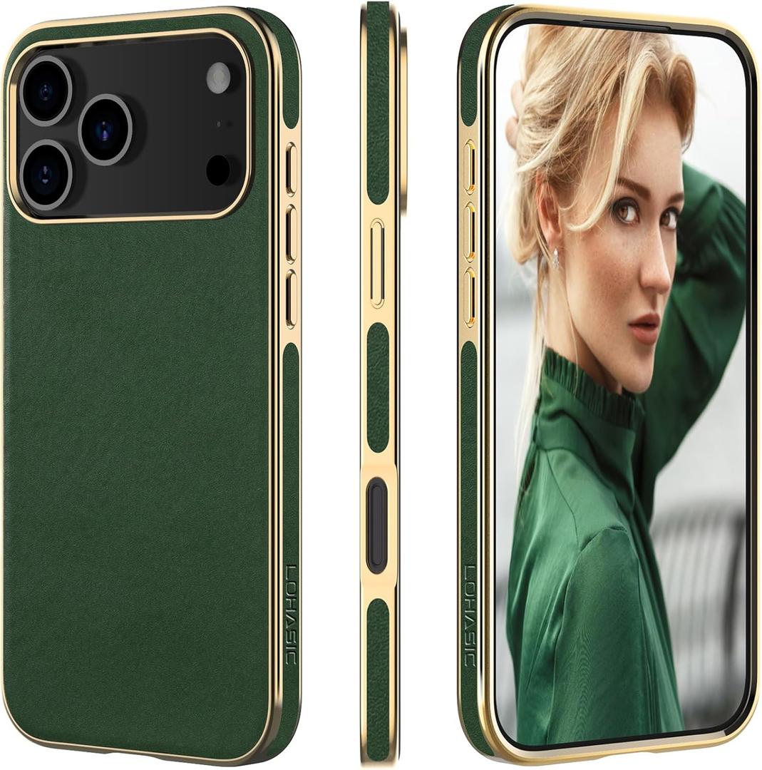 LOHASIC for iPhone 17 Pro Case Leather, Slim Luxury iPhone 17 Pro Vegan Leather Case, Soft Thin Designer Aesthetic Business Cover for Women Grils, Green