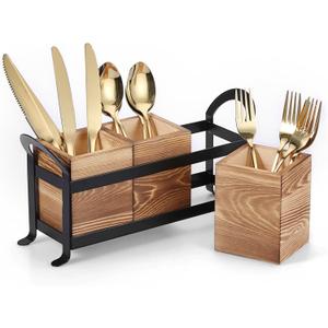 BSTKEY Wooden Utensil Caddy, Farmhouse Kitchen Silverware Holder with 3 Compartment, Flatware Organizer with Black Portable Metal Tray, Utensil Cutlery Organizer for Forks Spoons Knives, Wood