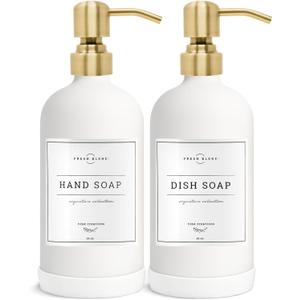 Vine Creations White Glass Soap Dispenser, 2 Pack Kitchen Soap Dispenser Set with Stainless Steel Pump, 16 oz Dish Soap and Hand Soap Dispensers for Bathroom with Waterproof Labels (Matte White Bottle / Brushed Gold Pump)