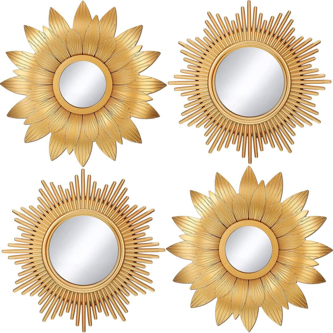 Jetec 4 Pcs Big Sunburst Wall Mirror Gold Vintage Mirror Set for Wall Metal Hanging Round Decorative Mirrors Accessories Modern Present for Living Room Bedroom Entryway Home Decor 10 Inch