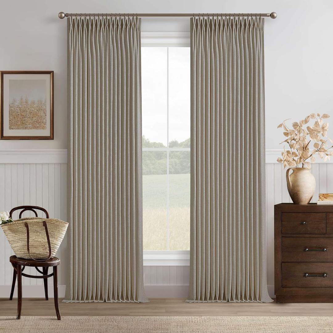 Taupe Pleated Linen Curtains 126 Inches Long for Living Room 2 Panels Set Greyish Beige Flax Pinch Pleat Drapes Back Tab Farmhouse Ceiling Floor 126 Inch Window Curtains Bedroom Burlywood Birch