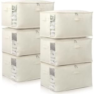 Canvas Comforters Bags Closet Organizers and Storage for Quilts Clothes Organization Containers Bins with Sturdy Zipper, Clear Window 75L for Sweaters Blankets Storage Bedroom Collapsible 6Pack