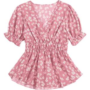 Floerns Women's Boho Floral Print Shirt Wrap V Neck Ruffle Puff Short Sleeve Peplum Blouse Top (Medium, Pink)