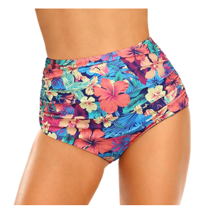 Edelqual Women's High Waisted Bikini Bottom Tummy Control Full Coverage Ruched Bathing Suit Swimsuit Tankini Swim Shorts, Large, Blue Red Flowers