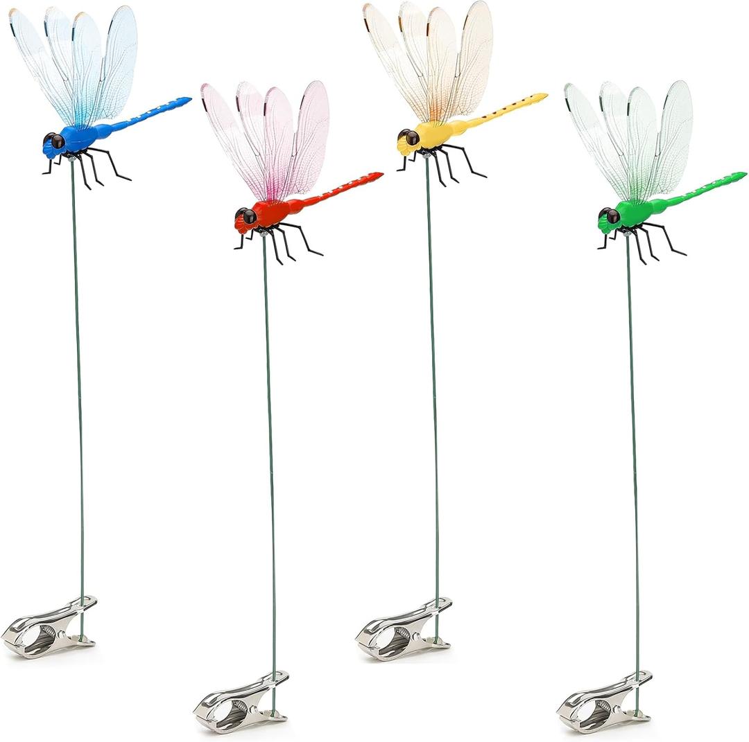 2 x 4 Pcs Dragonfly Clip, 3D Fake Dragonfly Garden Stakes Decor, Dragonfly Hat Clip Garden Stakes Gardening Decoration Insert Plaque Yard Ornaments Outdoors Indoor