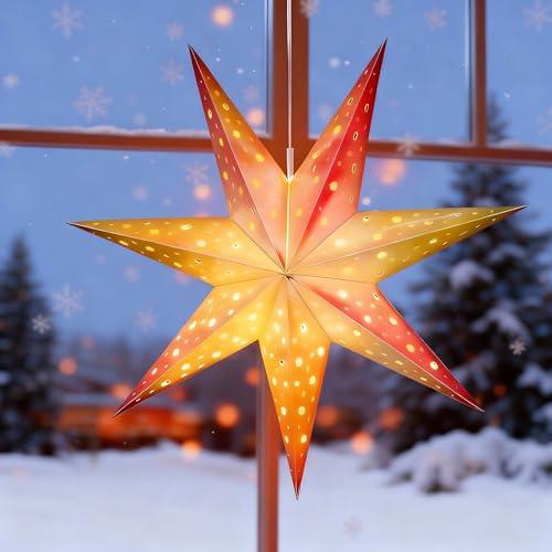 Mudder 19.7 Inch Christmas Star Paper Lantern 7 Pointed Christmas Window Lantern with 10 LED Light Strings Hanging Pendant Xmas Tree Ornaments for Holiday Decor Home(Classic,Holographic Rainbow)