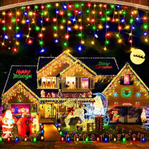 Hezbjiti Christmas Decorations Lights Outdoor, 400 LED 32.8 FT 8 Modes 75 Drops Fairy String Curtain Lights for Christmas Decor Eaves Window Party Yard Garden Indoor (Multicolor, 400LED 33FT)