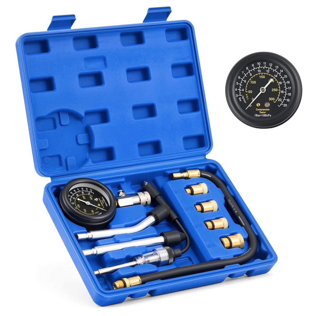 Orion Motor Tech Engine Compression Tester Kit, 9 pc Cylinder Compression Tester Kit with Spark Plug Tester 4 Adapters, Adjustable Engine Cylinder Pressure Gauge Kit for Gasoline Engines